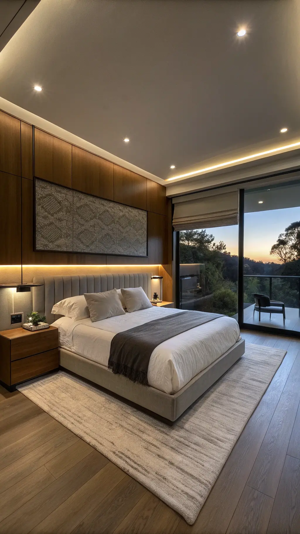 15x18ft modern primary bedroom with integrated tech features such as under-bed LED lighting, built-in charging ports in side tables, automated blackout shades, and discreet crown molding speakers, in a palette of matte charcoal and warm wood.