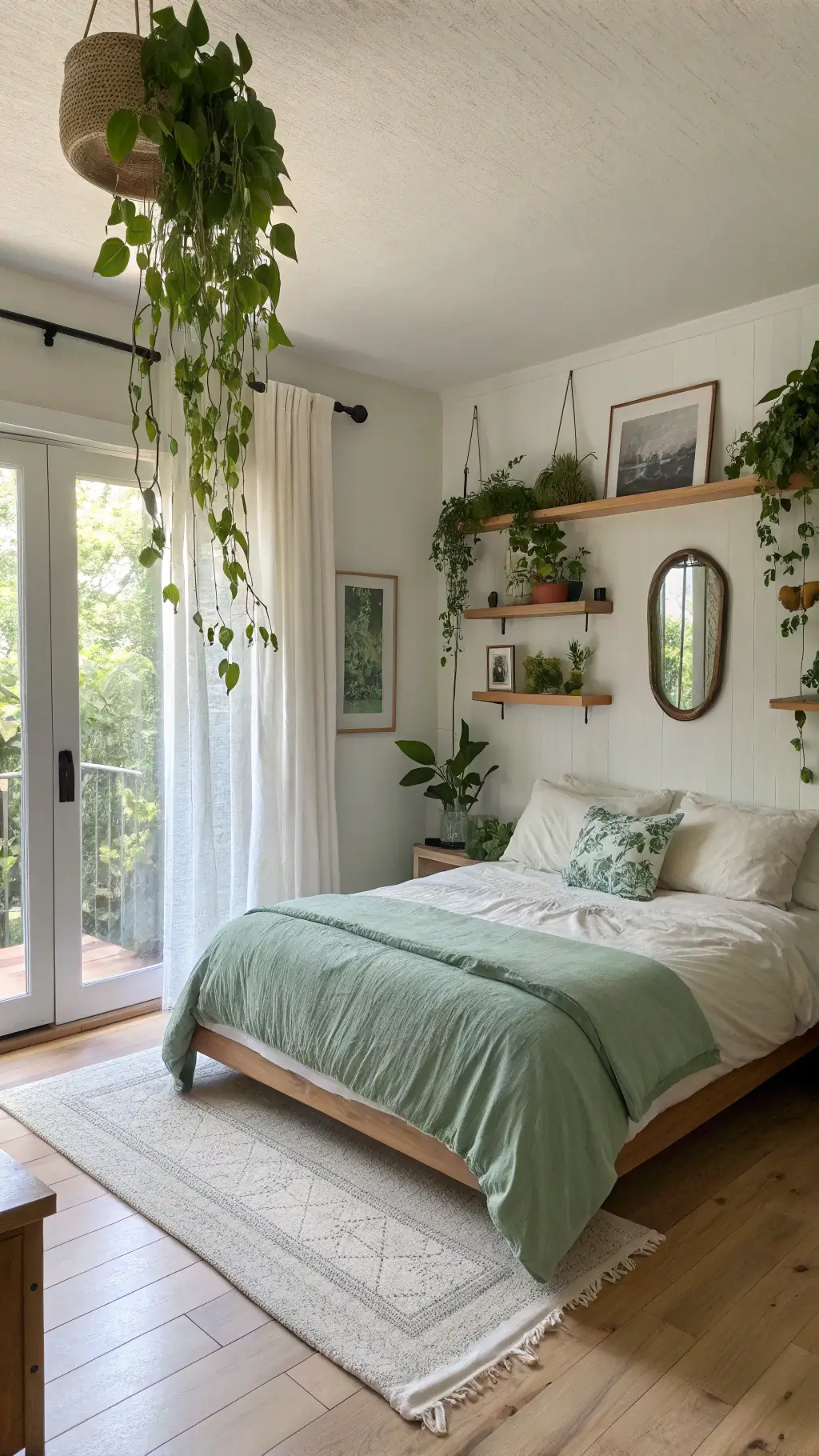 Sunlit bedroom with biophilic design, featuring trailing plants on floating shelves, a fiddle leaf fig, white oak flooring, grass cloth walls, an organic-shaped mirror, sage green and ivory linen bedding, large nature photography print above the bed and morning light filtering through sheer curtains