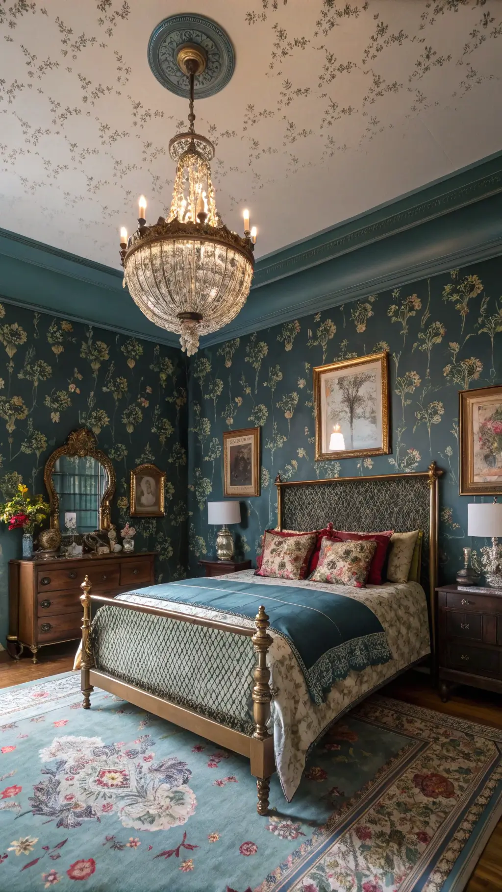 Vintage 16x14ft bedroom with blue and green floral wallpaper on walls and ceiling, antique brass bed with patterned bedding, crystal chandelier, ornate mirrors, and a collection of vintage frames