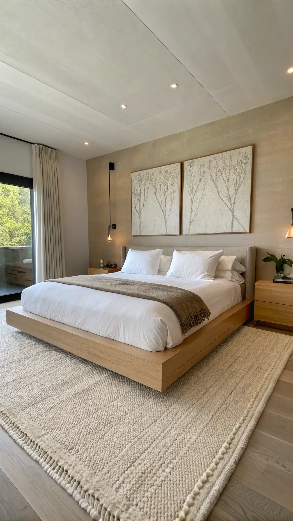 Minimalist 14x16ft bedroom with a bleached oak platform bed, crisp white linens, a camel cashmere throw, textured cream wool carpet, vanilla-toned walls with a single oversized abstract art piece and morning light highlighting clean lines.