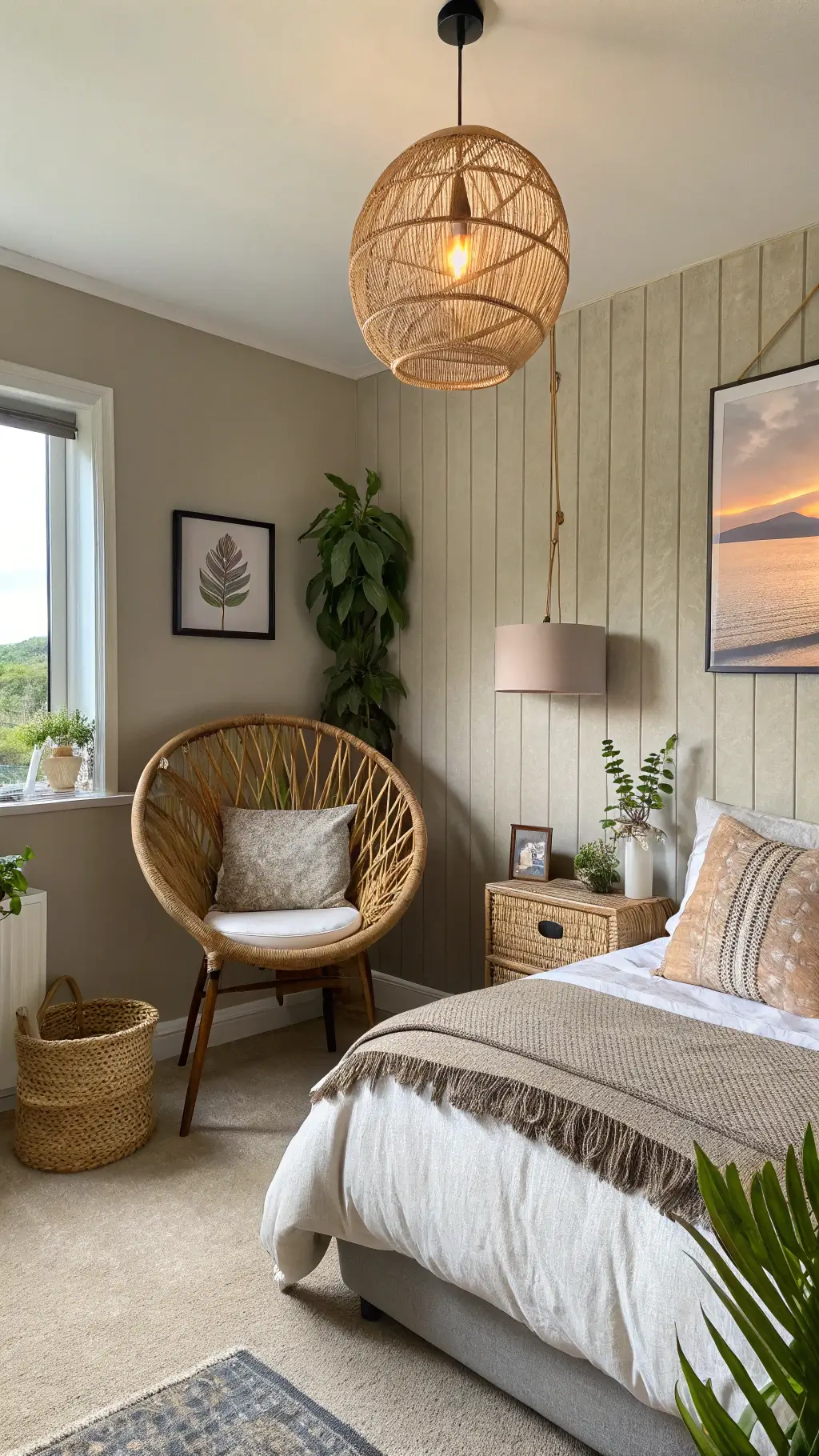 Stylish 15x17ft bedroom featuring trendy 2025 elements including warm greige textured walls, vintage rattan chair, smart lighting, neutral layered bedding, statement copper pendant, tech charging station, trailing pothos plants, abstract landscape art, all bathed in golden hour light for a sanctuary-like feel.