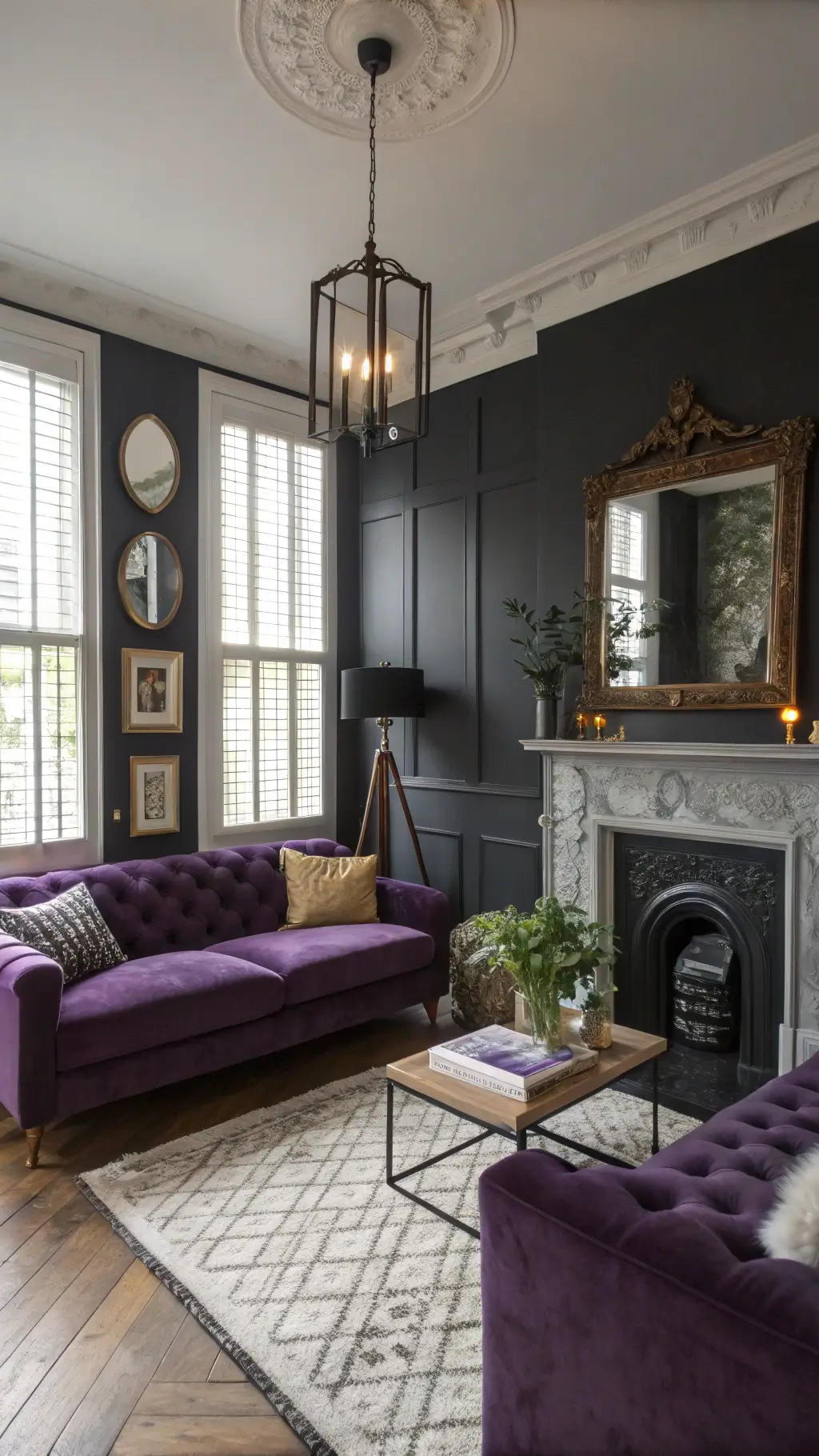 Transitional living space with royal purple sectional sofa, Victorian fireplace, black accent wall with vintage mirrors, layered lighting, and a mix of marble, brass, velvet and reclaimed wood materials.
