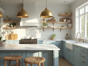 "Powder blue coastal kitchen with white quartz island, oak shelves, Carrara marble backsplash and coastal decor under warm golden light"