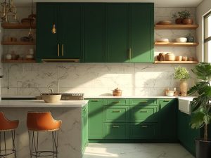 "Emerald green kitchen with brass hardware and pendant lights, marble countertops and white subway tile backsplash during golden hour"
