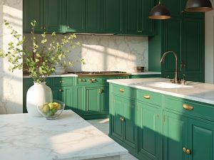 "Luxurious sunlit kitchen with emerald green cabinets, white marble countertops, brass hardware, and minimal decor in high resolution"