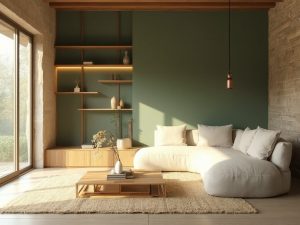 "Japandi-style living room with sage green accent wall, oak shelves, handcrafted bamboo coffee table, and creamy jute rug under golden afternoon sunlight"