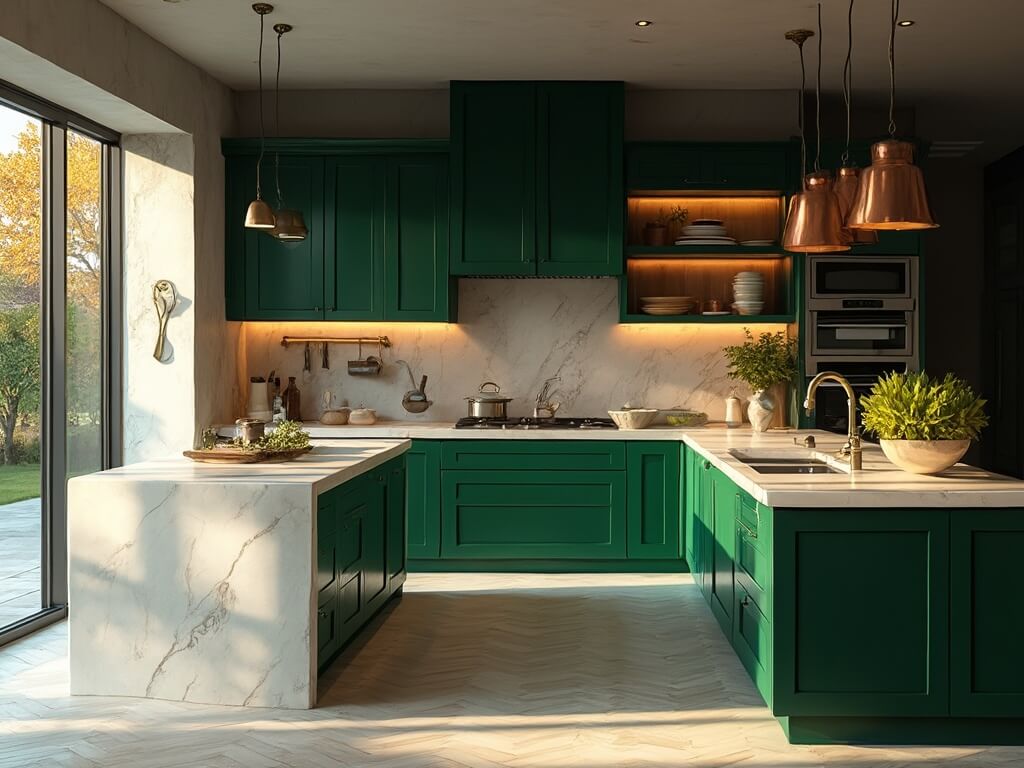 "Luxurious contemporary kitchen with forest green cabinets, Carrara marble island, and golden hour sunlight pouring through large windows"