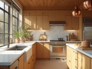 "Sunny luxury kitchen interior with golden oak cabinets, marble island and professional appliances"