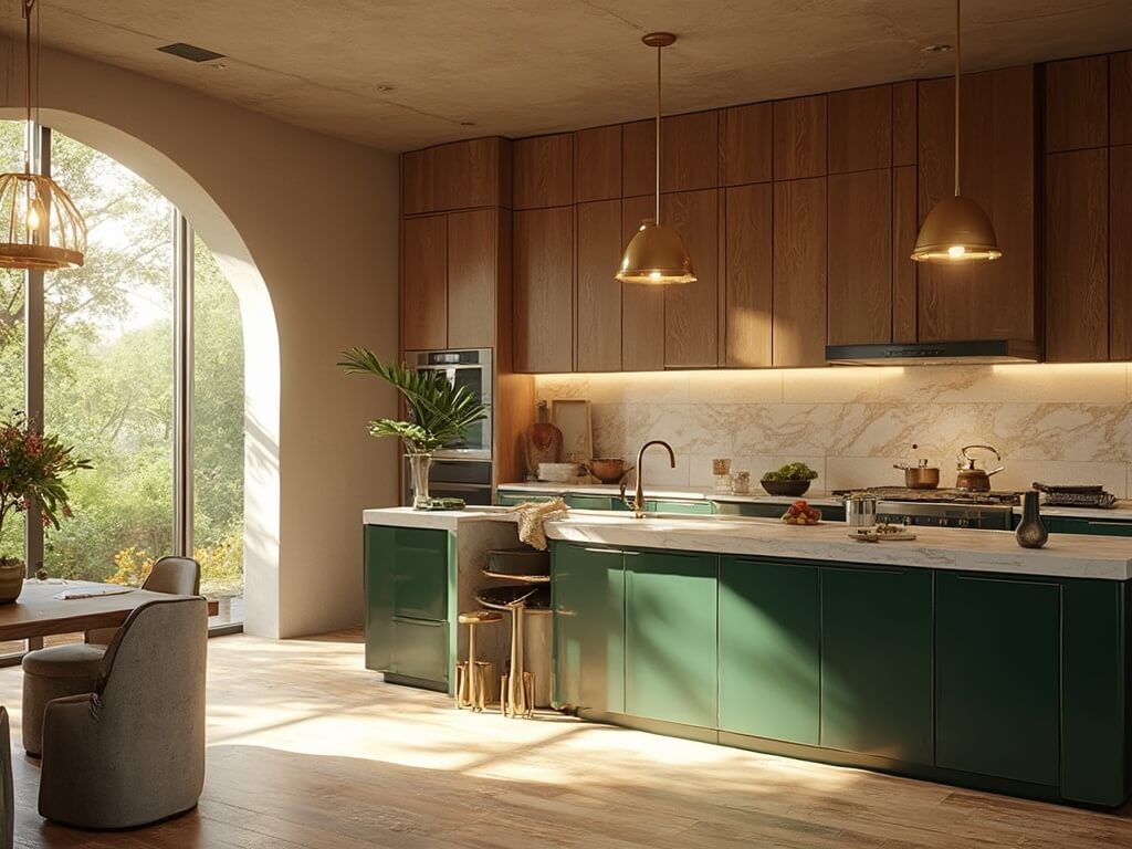 "Luxury kitchen in warm tones with forest green marble island, maple wood cabinets, and antique brass accents under sunlit windows"