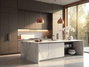 "High-end contemporary kitchen with dark taupe cabinets and white marble waterfall island in morning light"