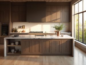 "Luxurious modern kitchen with espresso-brown cabinets, marble island, and professional styling, captured in soft morning light"
