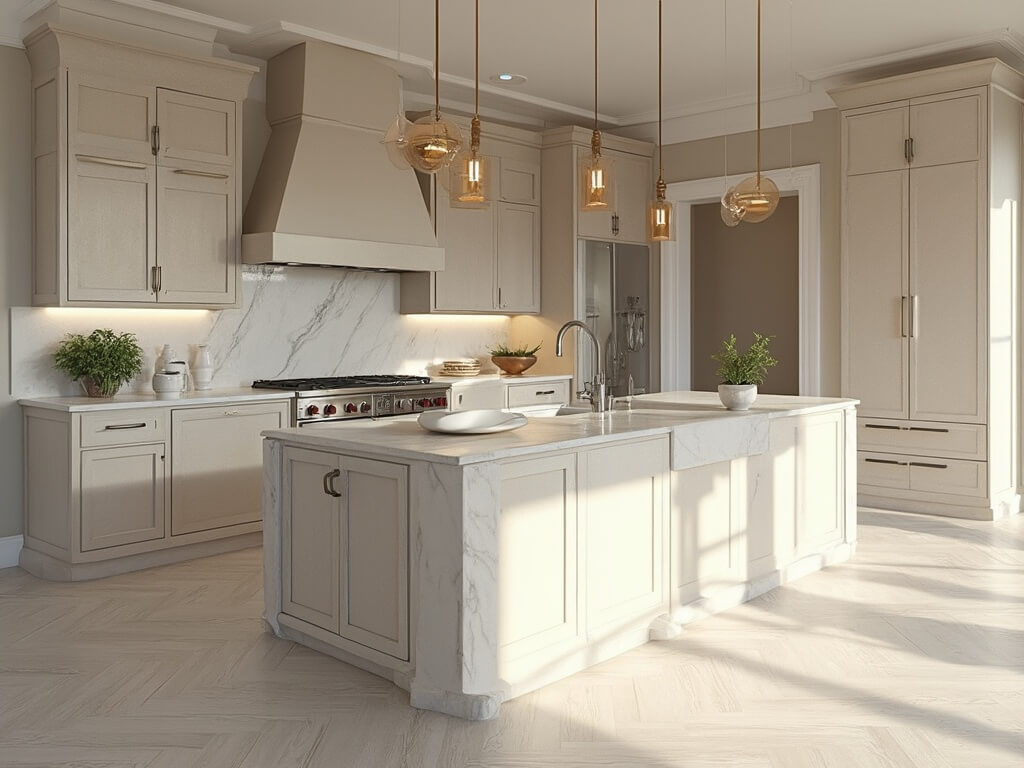 "Luxurious open-concept kitchen with greige Shaker-style cabinets, Carrara marble countertops, large central island, and morning light streaming through large windows"