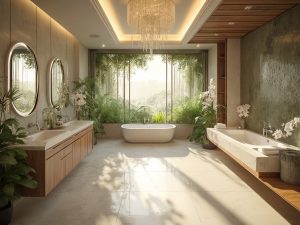 "Luxurious spa-inspired master bathroom with Carrara marble tub, double rainfall shower, sustainable bamboo vanity and living plant wall"