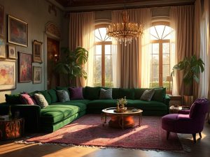 "Luxurious maximalist living room with emerald green velvet sofa, purple accent chairs, vintage brass chandelier, and eclectic art during golden hour"