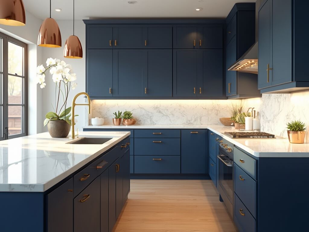 "Contemporary kitchen with navy blue cabinets, white quartz countertops, and warm oak flooring bathed in morning sunshine from east-facing windows"