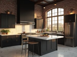 "Luxurious modern kitchen with midnight black cabinets, Carrara marble countertops, and a waterfall island under warm natural lighting"