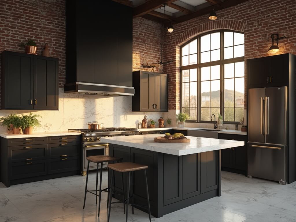 "Luxurious modern kitchen with midnight black cabinets, Carrara marble countertops, and a waterfall island under warm natural lighting"