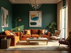 "Stylish modern living room with green accent wall, velvet sofa, mid-century armchair, heirloom side table and eclectic decor, bathed in soft morning light"