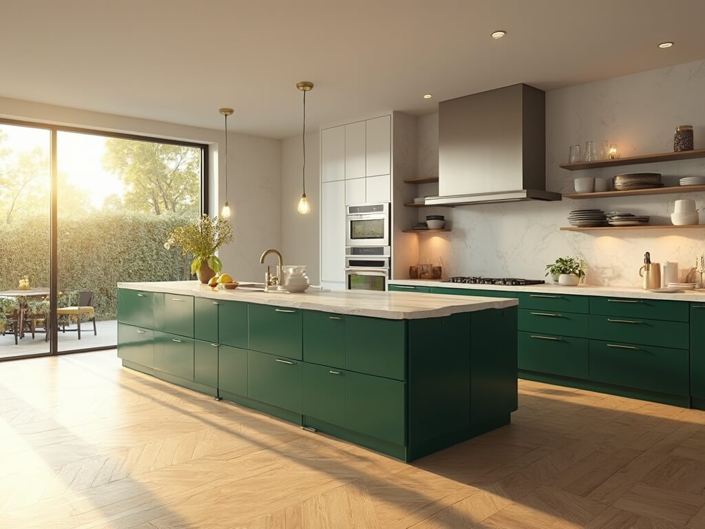 "Spacious contemporary kitchen with emerald green and white cabinets, quartz waterfall island, and white oak herringbone floors, bathed in golden hour sunlight"