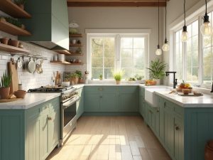 "Sunlit modern farmhouse kitchen with Pewter Green cabinets, white quartz island, and vintage details"
