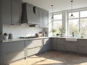 "Modern kitchen with gray Shaker-style cabinets, white quartz countertops, and natural light from large windows"