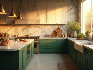 "Modern kitchen with forest green and cream cabinets, marble countertops, vintage brass lights, copper cookware, and handmade ceramics, bathed in warm sunlight through large windows"