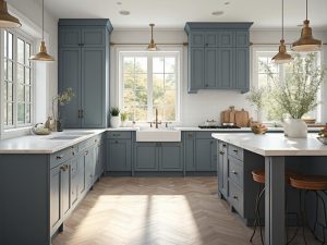 "Spacious transitional kitchen with blue-grey Shaker-style cabinets, white Carrara marble countertops, white oak herringbone floor, and brass hardware accents bathed in natural morning light"