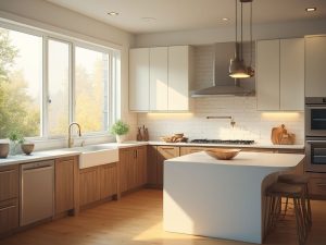 "Modern white and walnut kitchen with quartz countertops, professional appliances, and golden hour lighting"