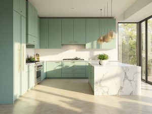 "Modern mint green kitchen with white marble countertops bathed in morning sunlight"