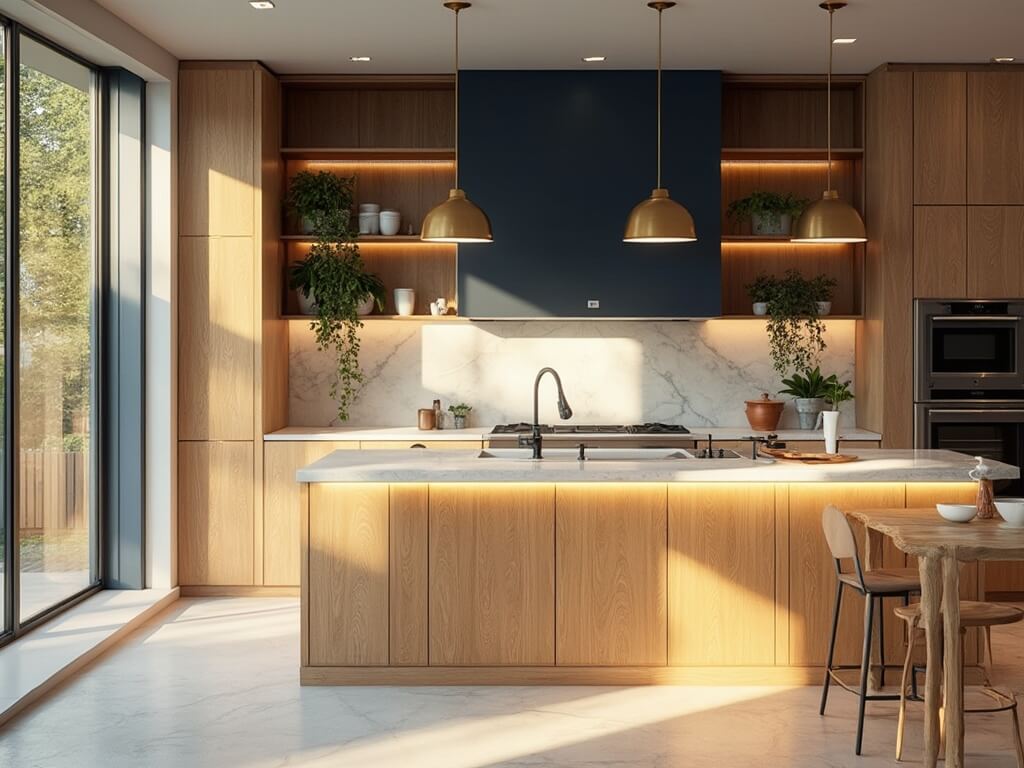 "Modern high-end kitchen with oak cabinets, quartz countertop island, and stainless steel appliances"