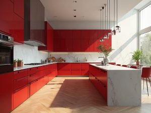 "Modern luxury kitchen with red lacquered cabinets, white island, stainless steel appliances, oak flooring and floor-to-ceiling windows"