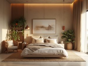 "Spacious modern bedroom with warm earthy tones, king-size bed, vintage rattan chair, natural jute rug, and soft lighting in an architectural digest style"