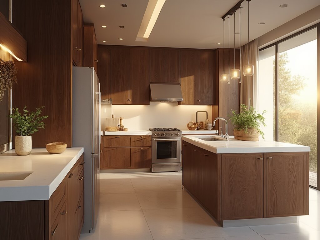 "Modern luxurious kitchen interior with dark walnut cabinets, white quartz countertops, and professional-grade appliances, illuminated by morning sunlight streaming through large windows"