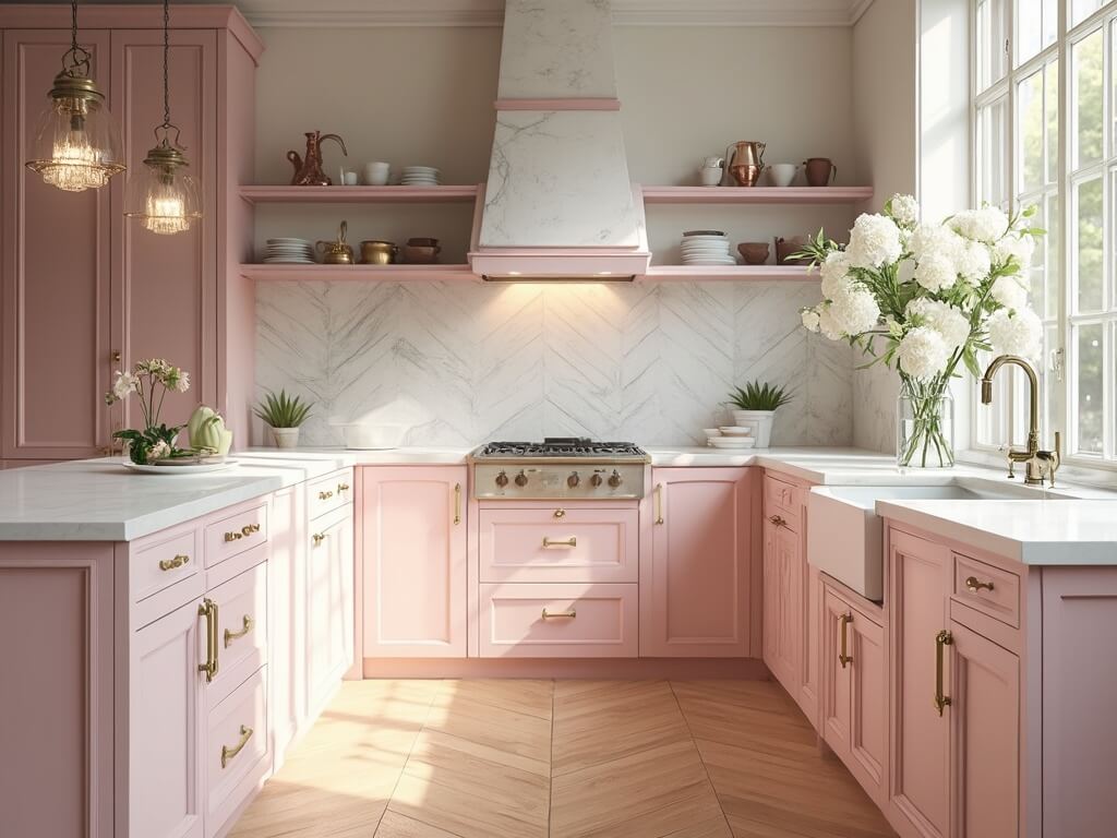 "Contemporary kitchen with powder pink cabinets, brass hardware, white marble countertops, open shelving, crystal pendant lights, and a geometric marble backsplash styled with fresh peonies."