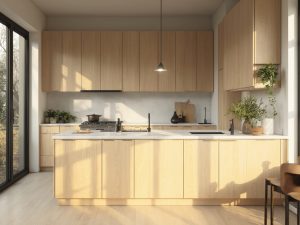 "Modern Scandinavian kitchen with light oak cabinets, white quartz countertops, and golden morning sunlight streaming through large windows"