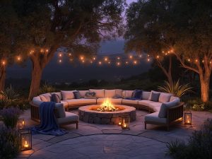 "Twilight scene of a luxurious backyard fire pit surrounded by plush sofas, illuminated by lanterns and string lights, with blooming lavender and mature oak trees under a transitioning night sky"
