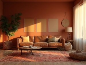"Stunning terracotta-painted living room featuring a Chesterfield sofa, vintage Persian rugs, natural fiber baskets, and a large monstera plant under dramatic sunlight filtering through sheer linen curtains"