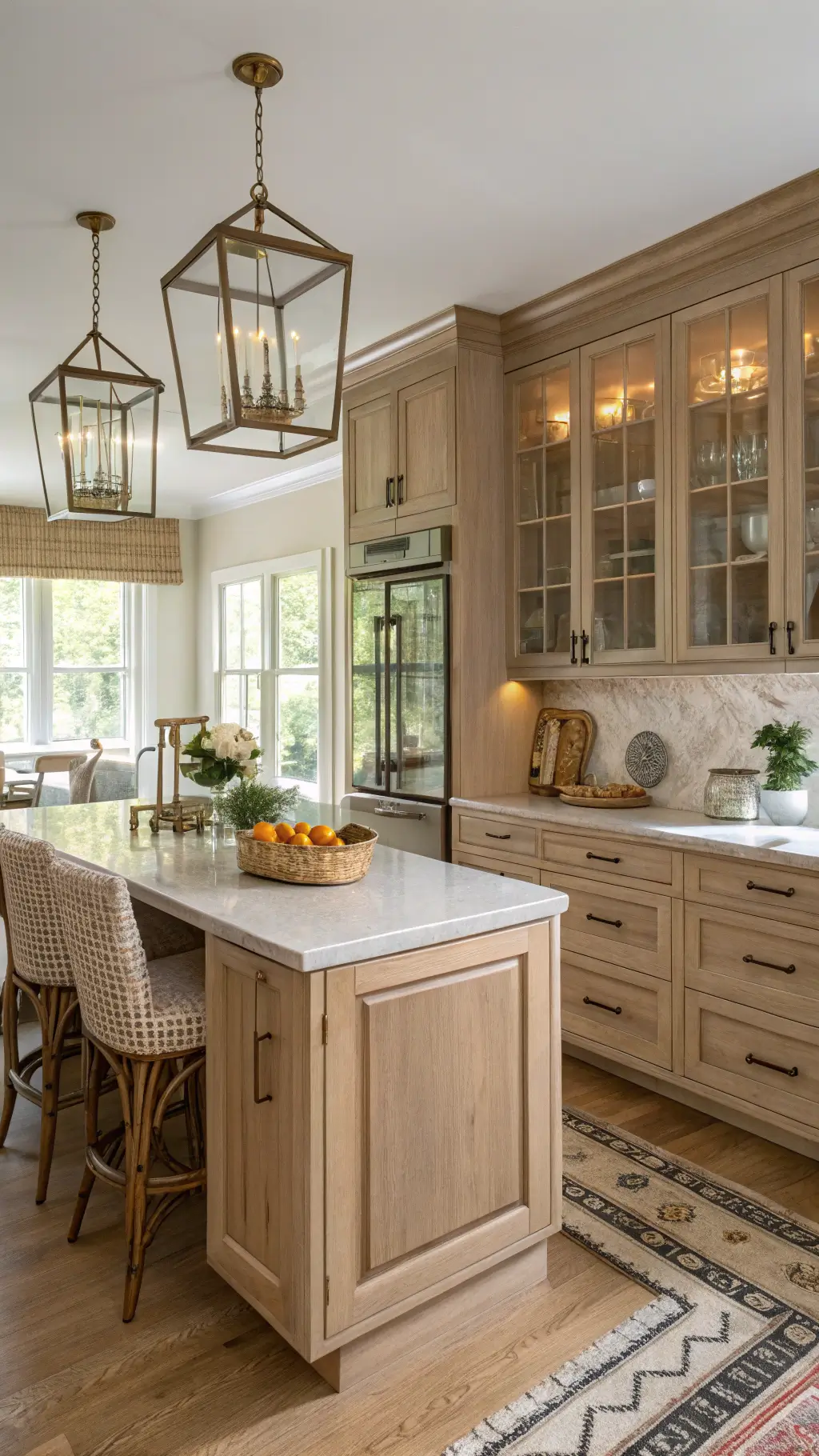 Transitional 16x18ft kitchen bathed in morning light, featuring Pale Oak cabinets, glass fronts, Quartzite counters, antique brass hardware, modern pendant lights, and woven textiles, shot from counter height with warm fill lights.