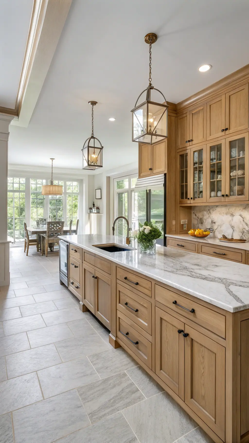 Bright, spacious open-concept kitchen with light maple Shaker cabinets, marble countertops, brass hardware, and a large island, viewed from the dining area.