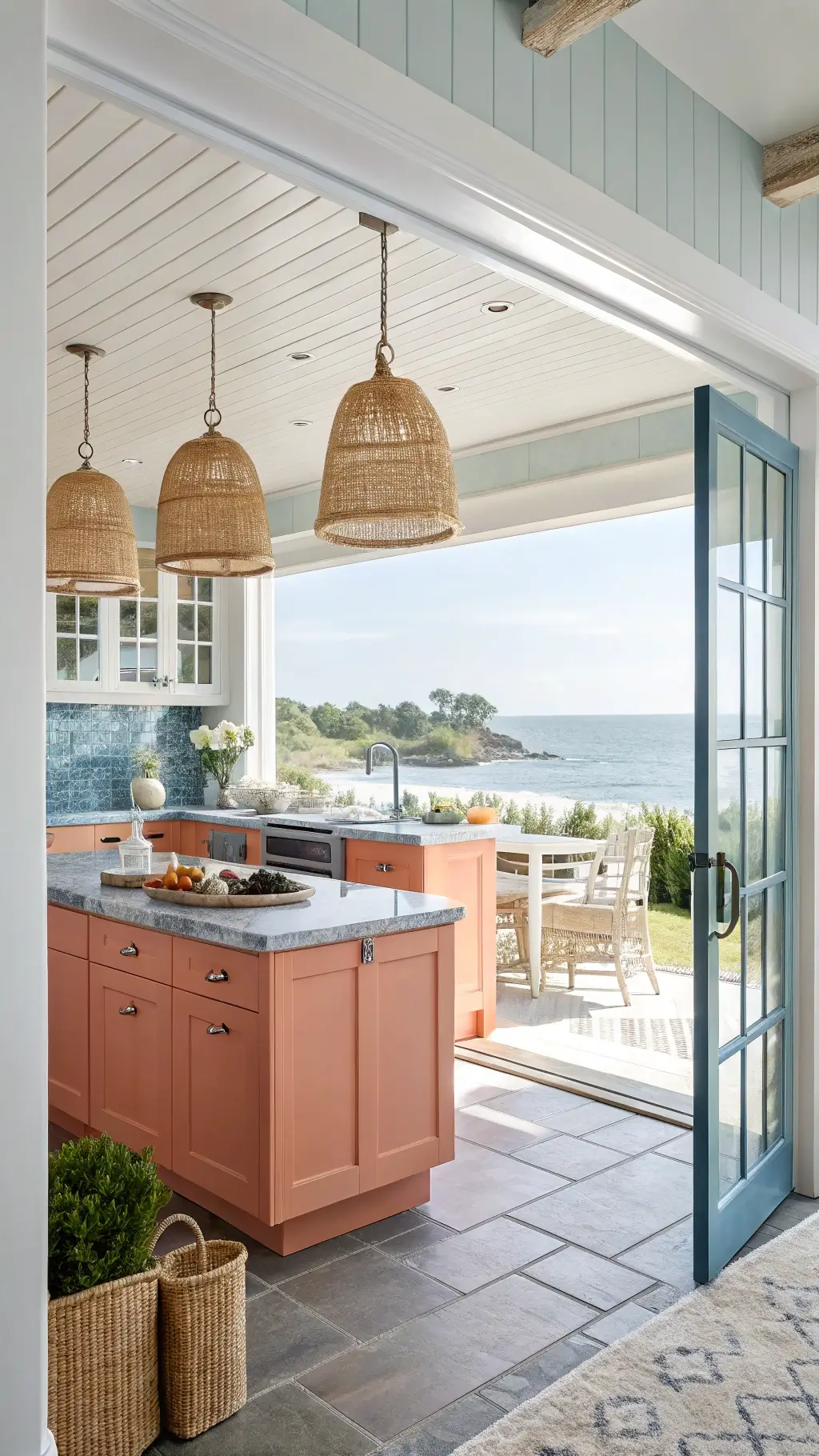 Bright and airy 16x14ft contemporary coastal kitchen featuring coral orange cabinets, navy blue island with marble top, natural rattan pendants and woven textures, with sea glass accents and blue backsplash, ocean view through window and naturally sunlit.