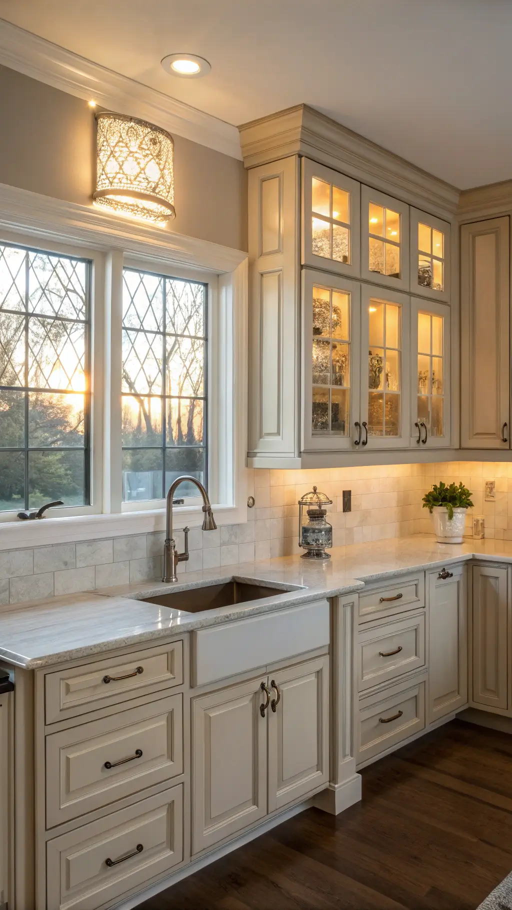 Warmly lit traditional kitchen with contemporary touches, featuring maple cabinets with alabaster doors, leaded glass inserts, and nickel hardware, set against Mindful Gray walls during golden hour.
