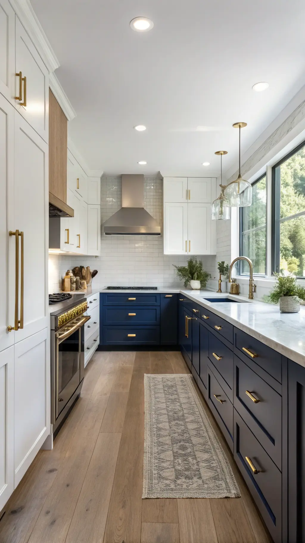 Contemporary two-tone kitchen with white upper and navy lower cabinets, brass hardware, and natural lighting, styled with artisanal ceramics and fresh herbs.