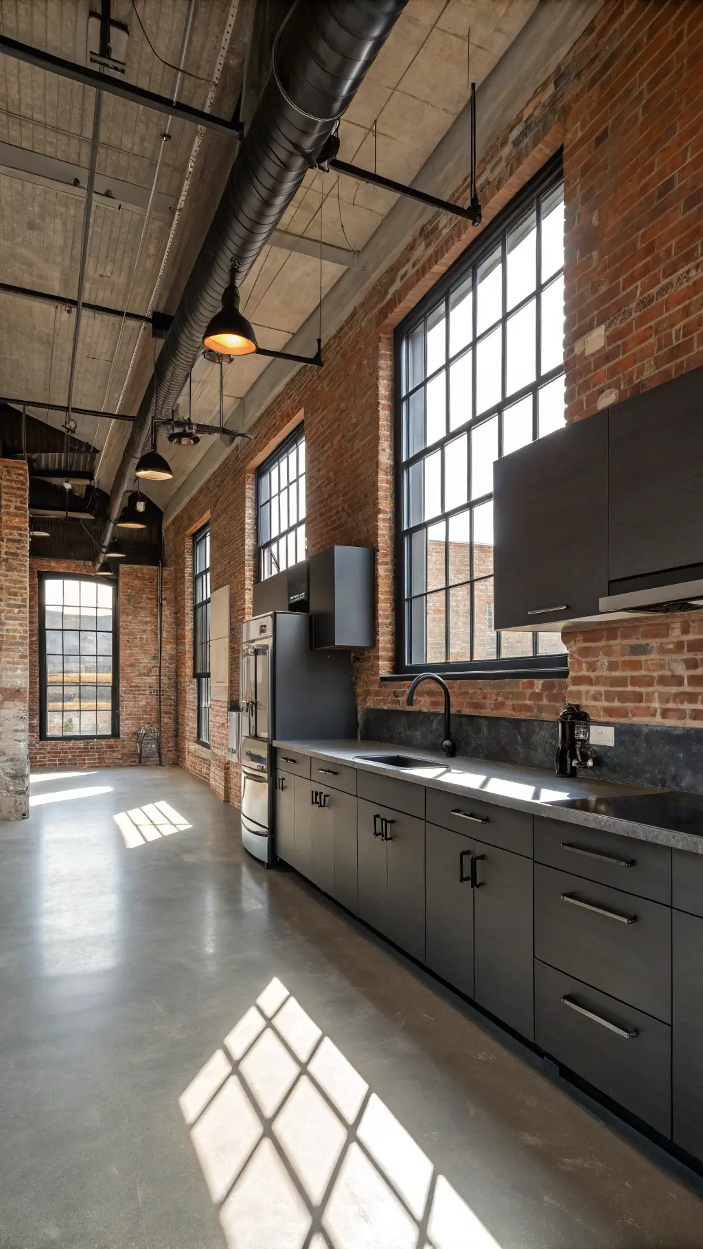 Urban industrial-style kitchen with exposed brick walls, matte charcoal cabinets with steel pulls, concrete countertops, stainless steel appliances, and track lighting at midday.
