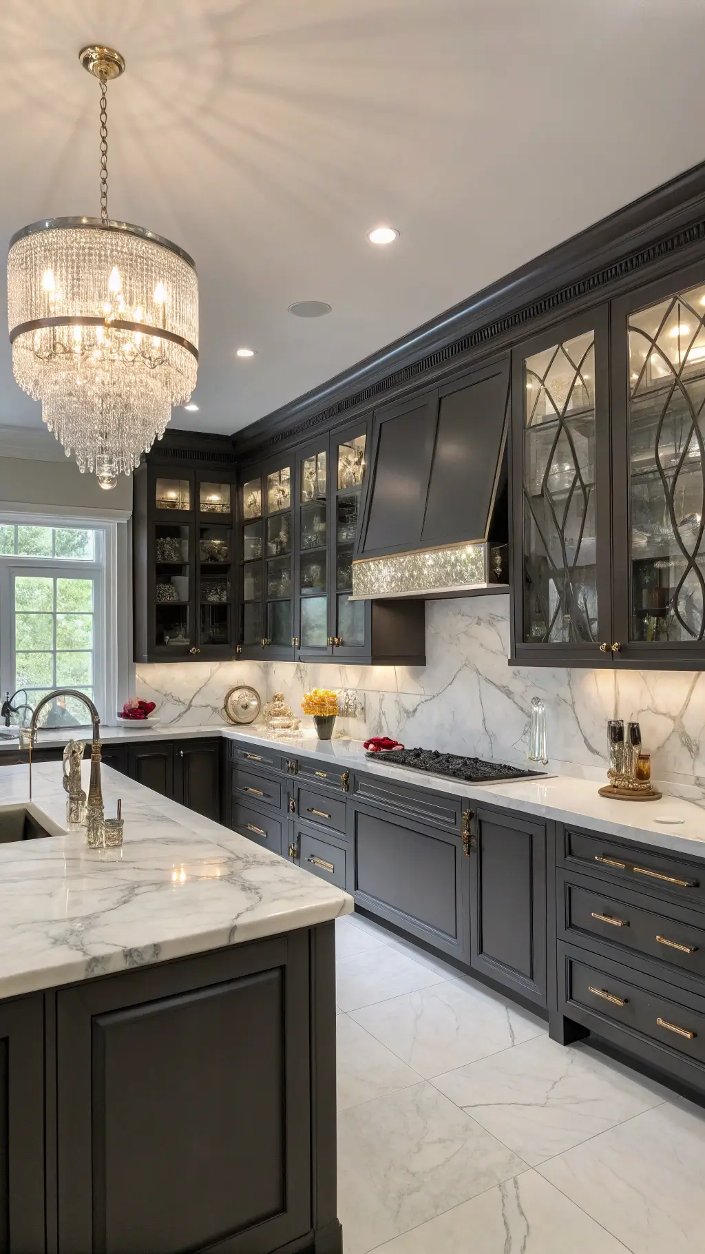 Overhead view of a sophisticated and glamorous 18'x18' kitchen with illuminated charcoal cabinets, Calacatta marble backsplash and counters, polished nickel hardware, and a crystal chandelier over a large island.