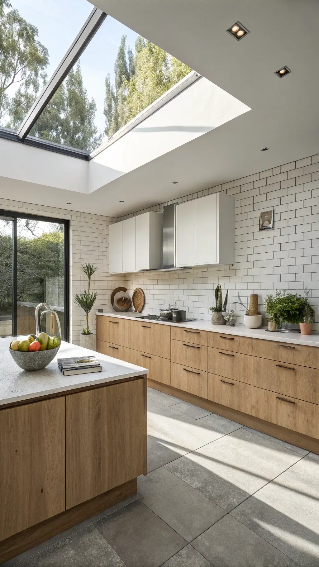 Contemporary mixed-material kitchen with light brown lower cabinets, white upper cabinets, concrete countertops, subway tile backsplash, decorated with a sculptural fruit bowl and potted succulents, and enhanced with mid-day natural light from skylight and directional track lighting.