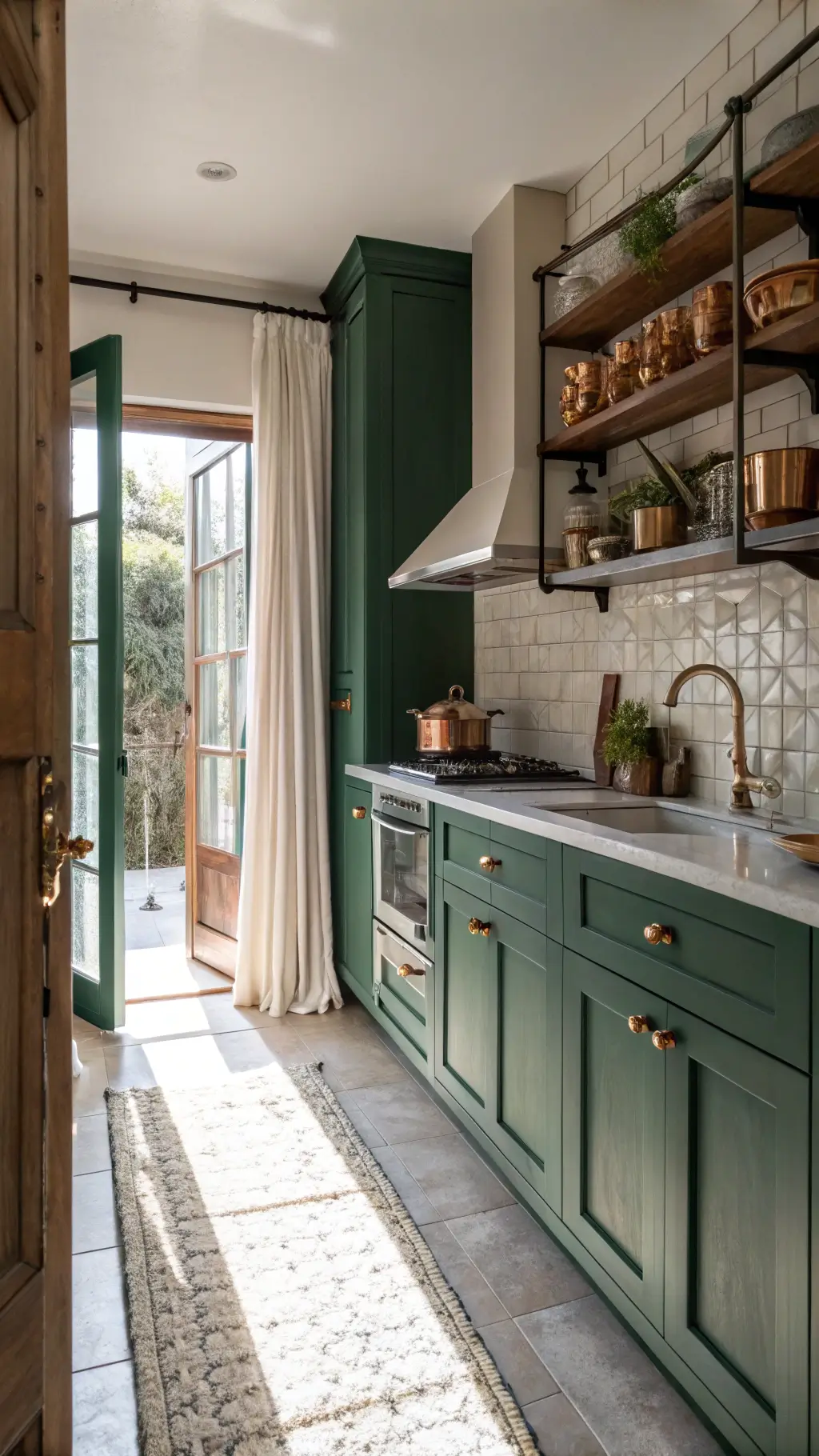 Afternoon sunlight illuminating an intimate 8x12ft galley kitchen with deep emerald green cabinets, cream zellige tile backsplash, vintage copper cookware on open shelves, and brass hardware with leather-wrapped pulls.