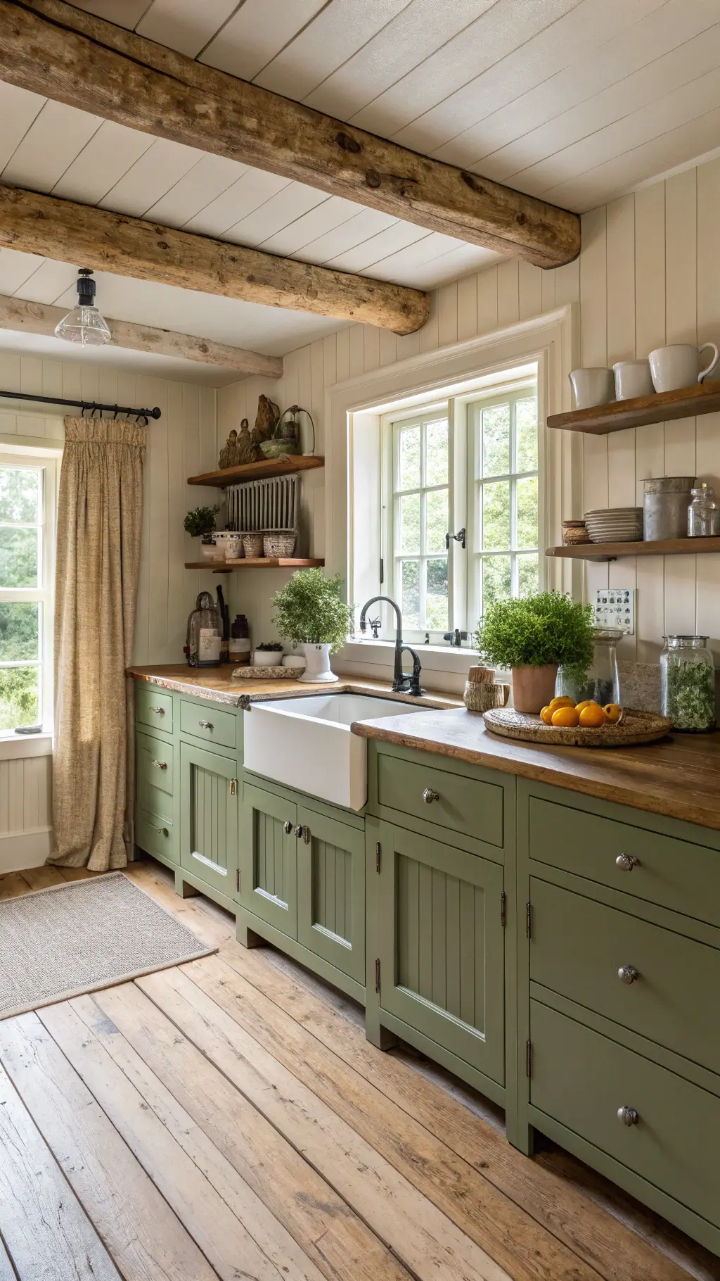 Sunlit farmhouse kitchen with olive green beadboard cabinets, pine floors, butcher block island topped with fresh herbs and enamelware, and vintage range wall, viewed from corner window with linen café curtains at 10am.