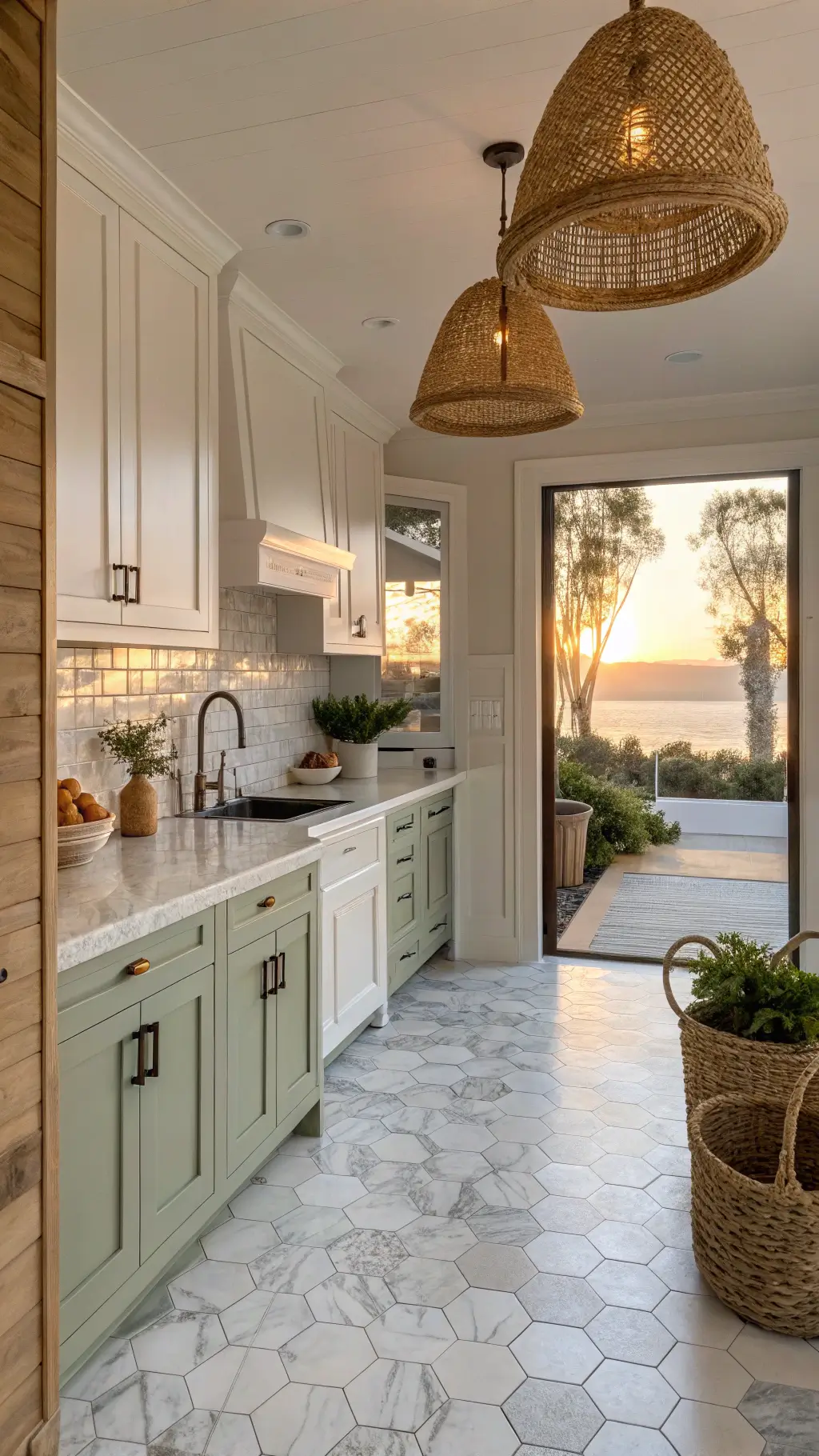 Sunlit coastal cottage kitchen featuring sage and white cabinets, marble hex tile floors, subway tile walls, and rattan pendant lights. Viewed through a Dutch door highlighting indoor-outdoor flow.