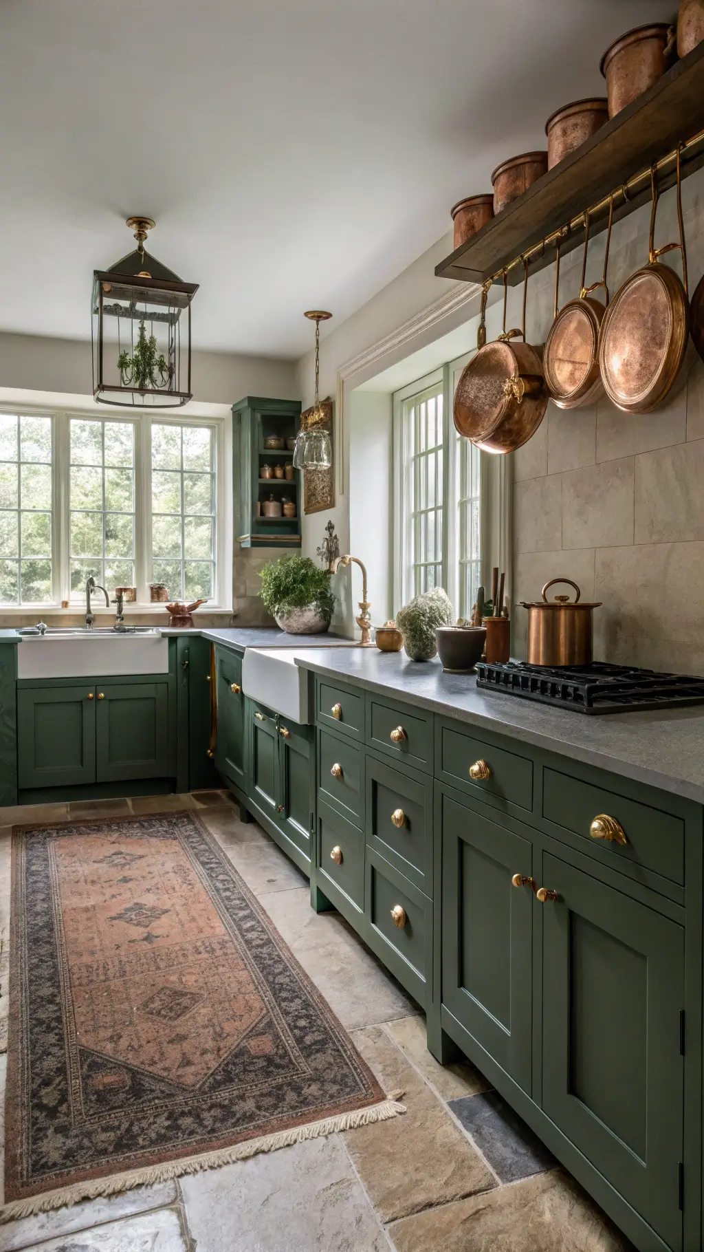 Traditional English kitchen with hunter green cabinets, antique brass bin pulls, soapstone counters, brass fixtures, copper pots, and layered antique rugs over limestone floors under soft diffused natural light.