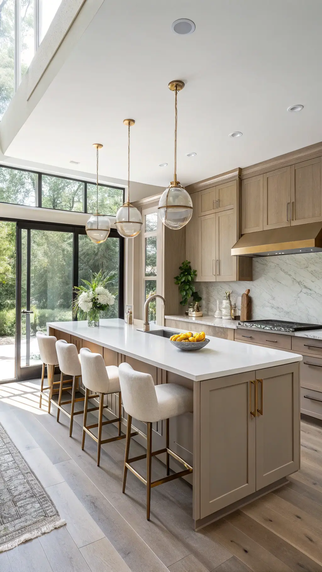 Contemporary kitchen with taupe cabinets, white quartz countertops, a large waterfall island with cream bar stools, bathed in morning light from floor-to-ceiling windows, accented by soft brass pendant lights and under-cabinet LEDs, adorned with ceramics, fresh herbs, and a fruit bowl.